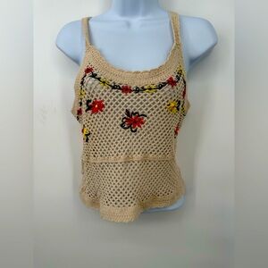 Rebellion‎ Open Knit Tank Womens M/L Ivory Cropped Boho Festival Hippie Casual